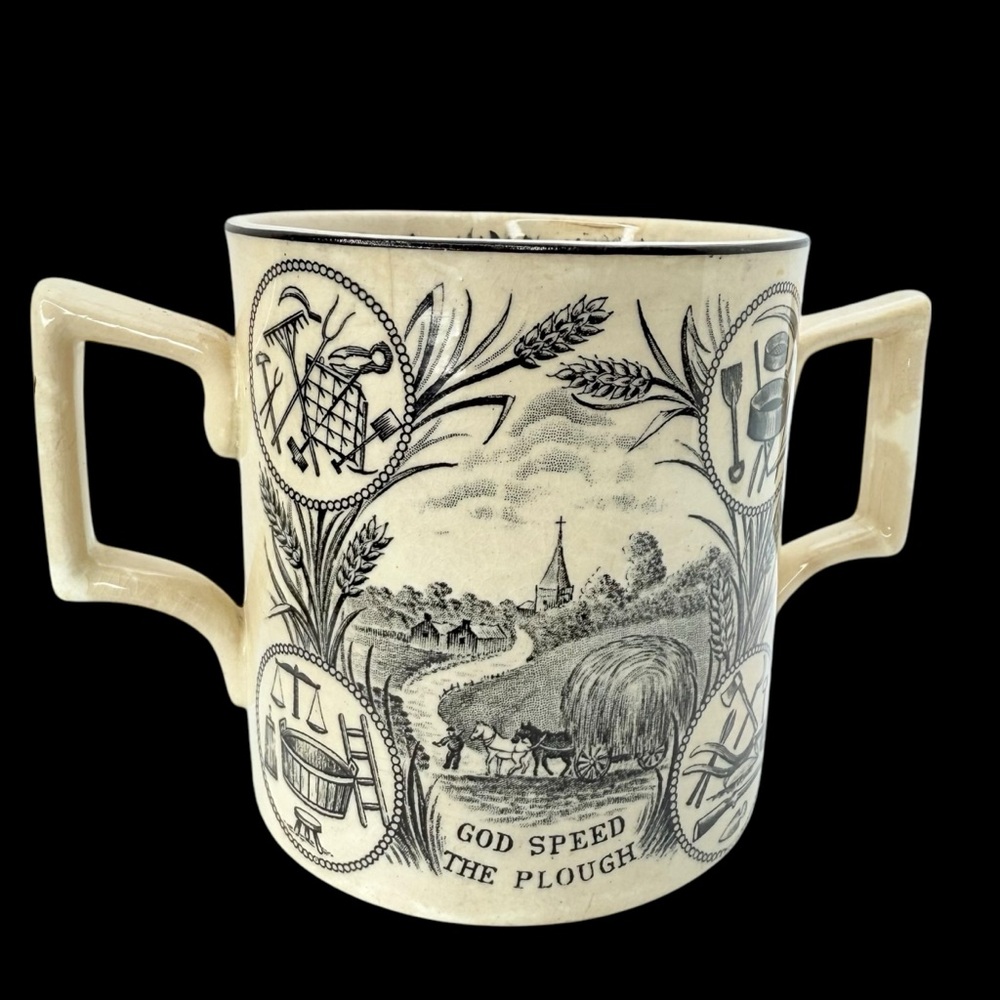 Antique AW GALE Bee Farmer God  Speed The Plough Double Handled Cider Cup 1890